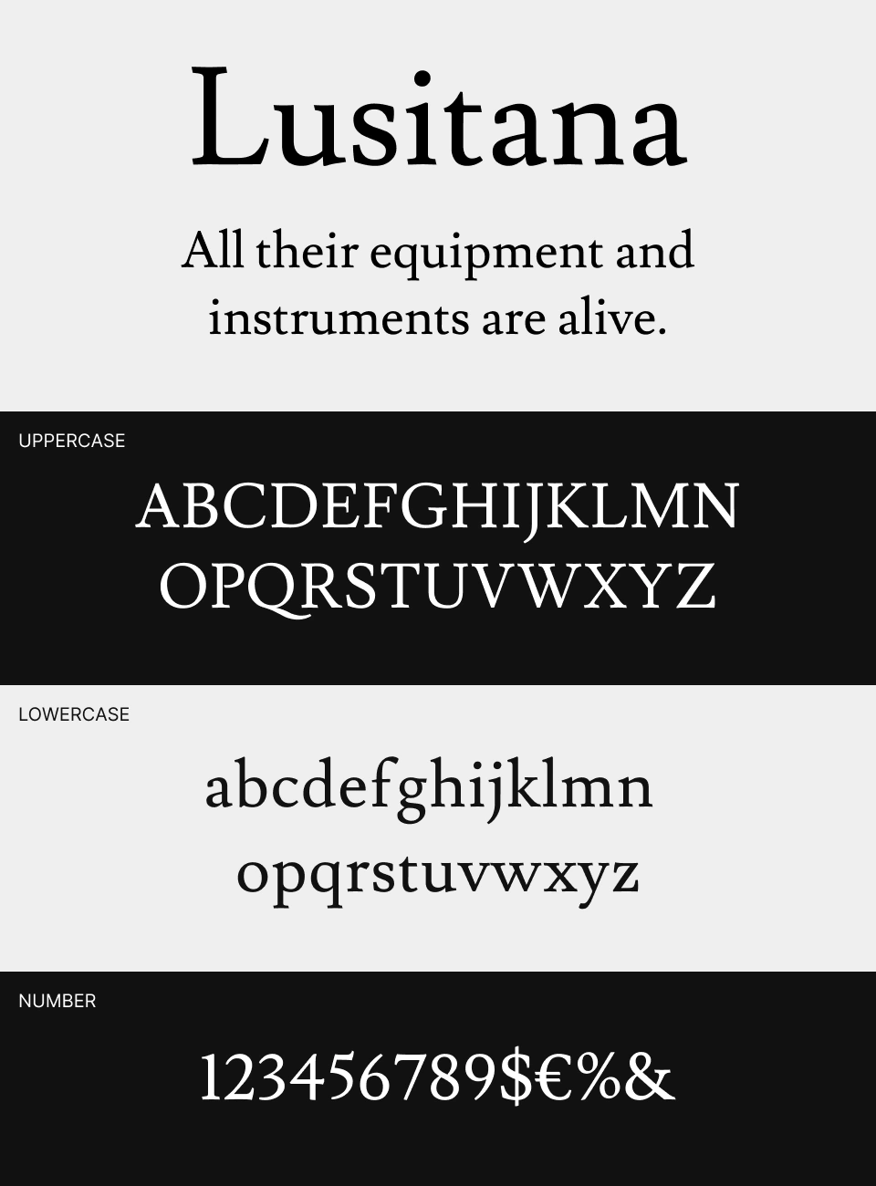 Lusitanaの大文字・小文字・数字・記号のフォント見本