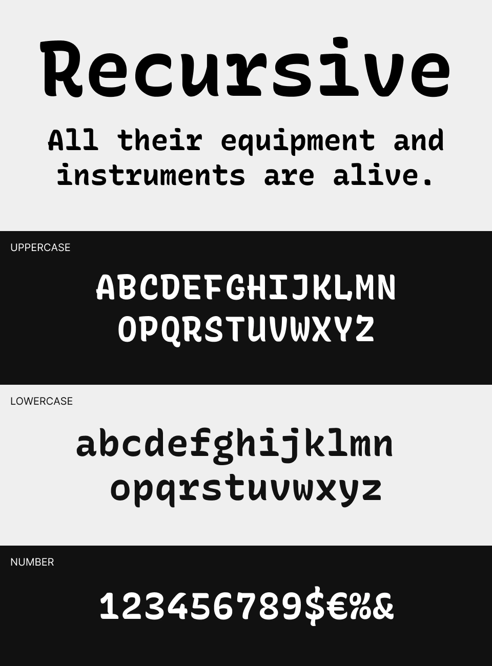 Recursiveの大文字・小文字・数字・記号のフォント見本