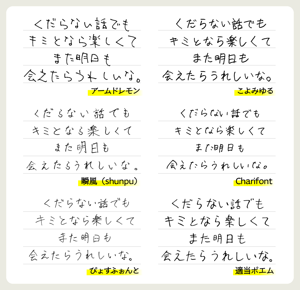 アームド・レモンフォントと「こよみゆる」「瞬風（shunpu）」「Charifont」「ぴょすふぉんと」「適当ポエム」を比較
