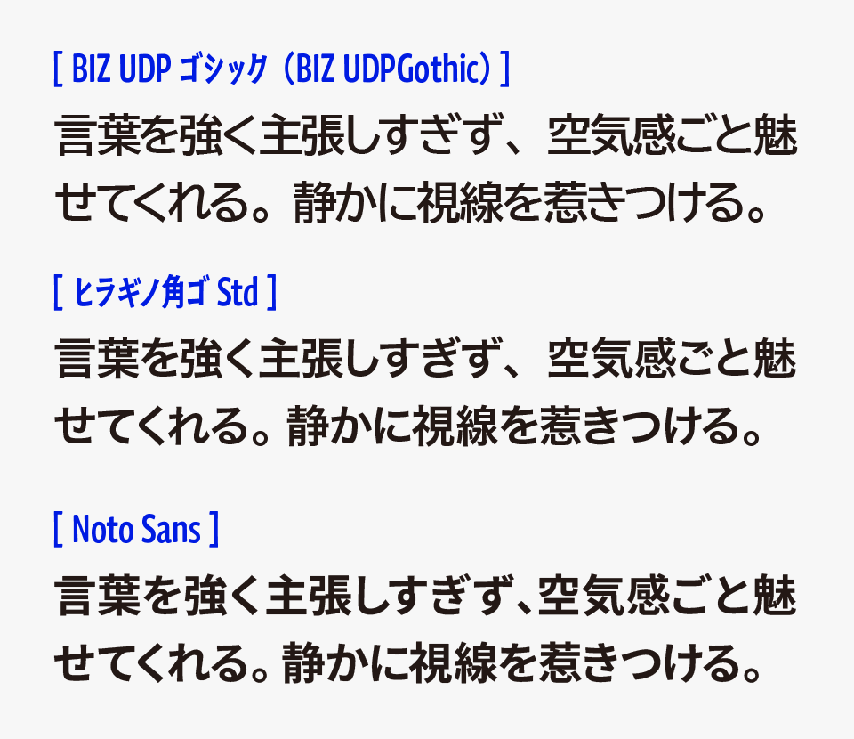 BIZ UDPゴシック（BIZ UDPGothic）と他フォントと比較