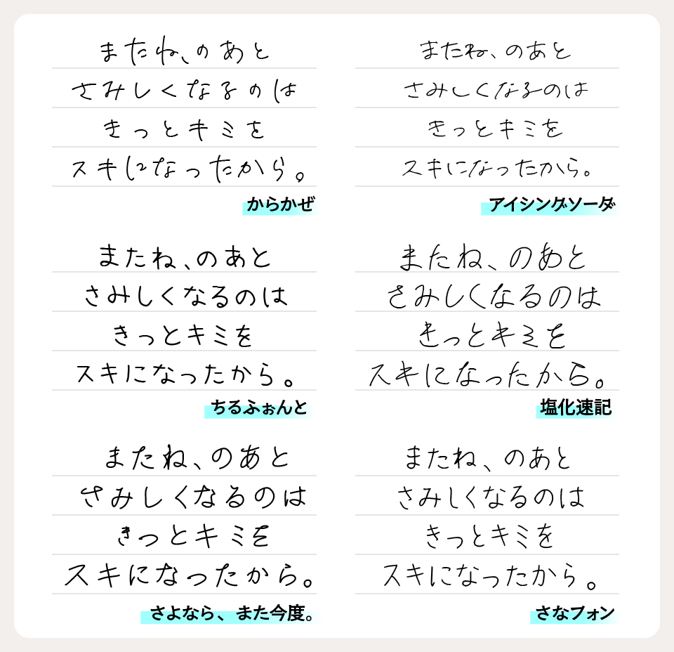 からかぜと、「アイシングソーダ」「ちるふぉんと」「塩化速記」「さよなら、また今度。」「さなフォン」を比較