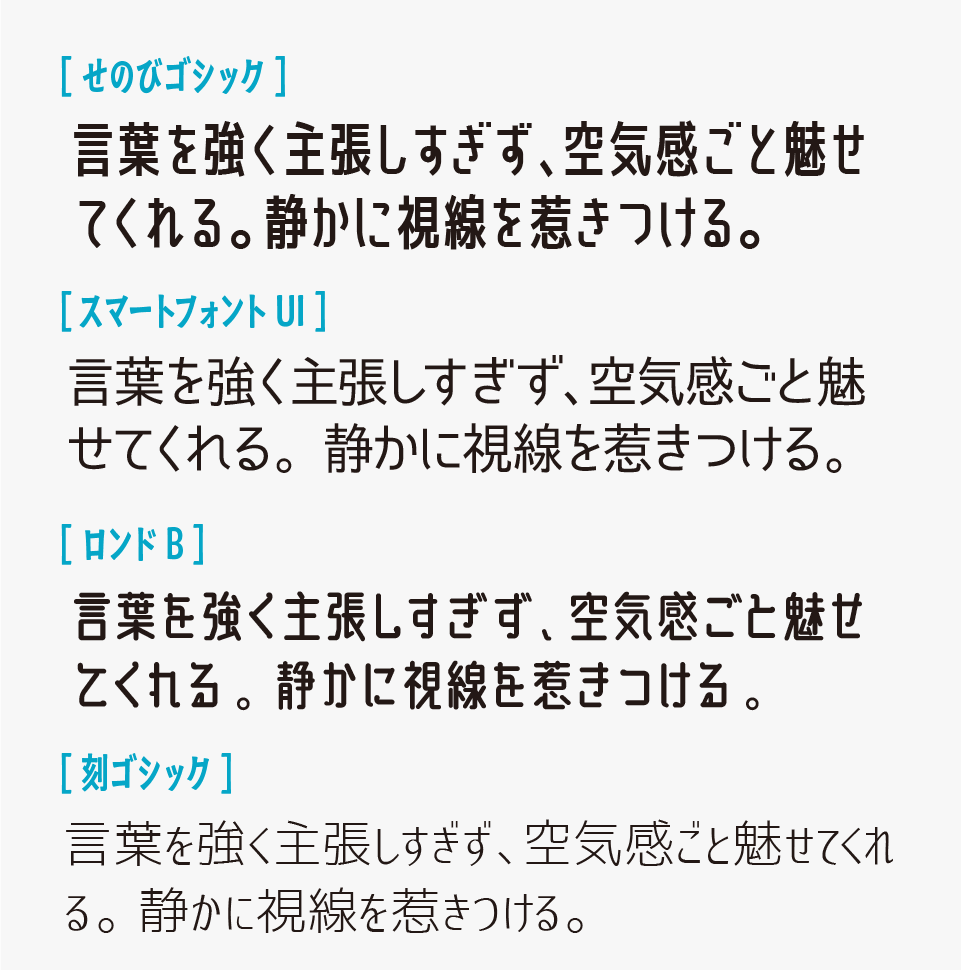 せのびゴシックと、「スマートフォントUI」「ロンドB」「刻ゴシック」を比較