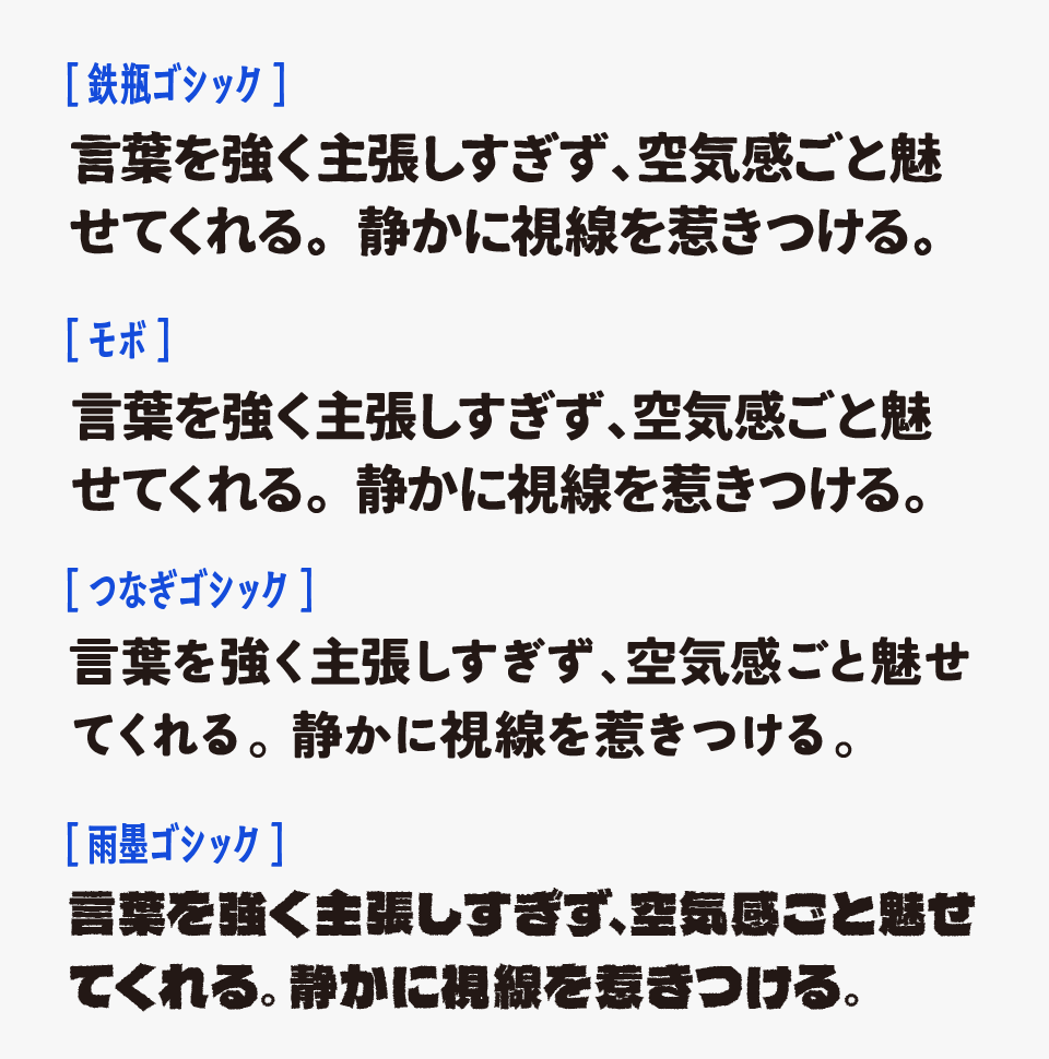 鉄瓶ゴシックとモボ、つなぎゴシック、雨墨ゴシックと比較