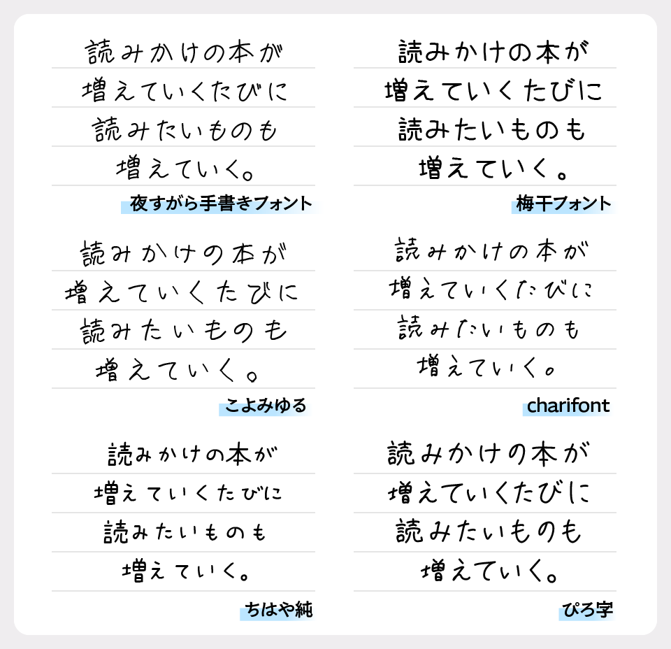夜すがら手書きフォントと、「梅干フォント」「こよみゆる」「charifont」「ちはや純」「ぴろ字」フォントを比較