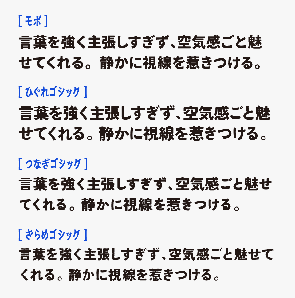 モボフォントと墨がにじんだような質感を持つほかのフォントと比較