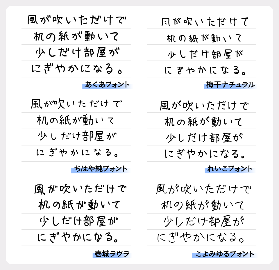 あくあフォントと「梅干チュラル」「ちはや純」「れいこフォント」「えんぴつ楷書」「壱城ラウラ」「こよみゆるフォント」を比較