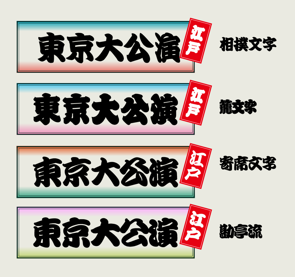 「江戸文字」の種類（相撲文字・籠文字・寄席文字・勘亭流）の説明