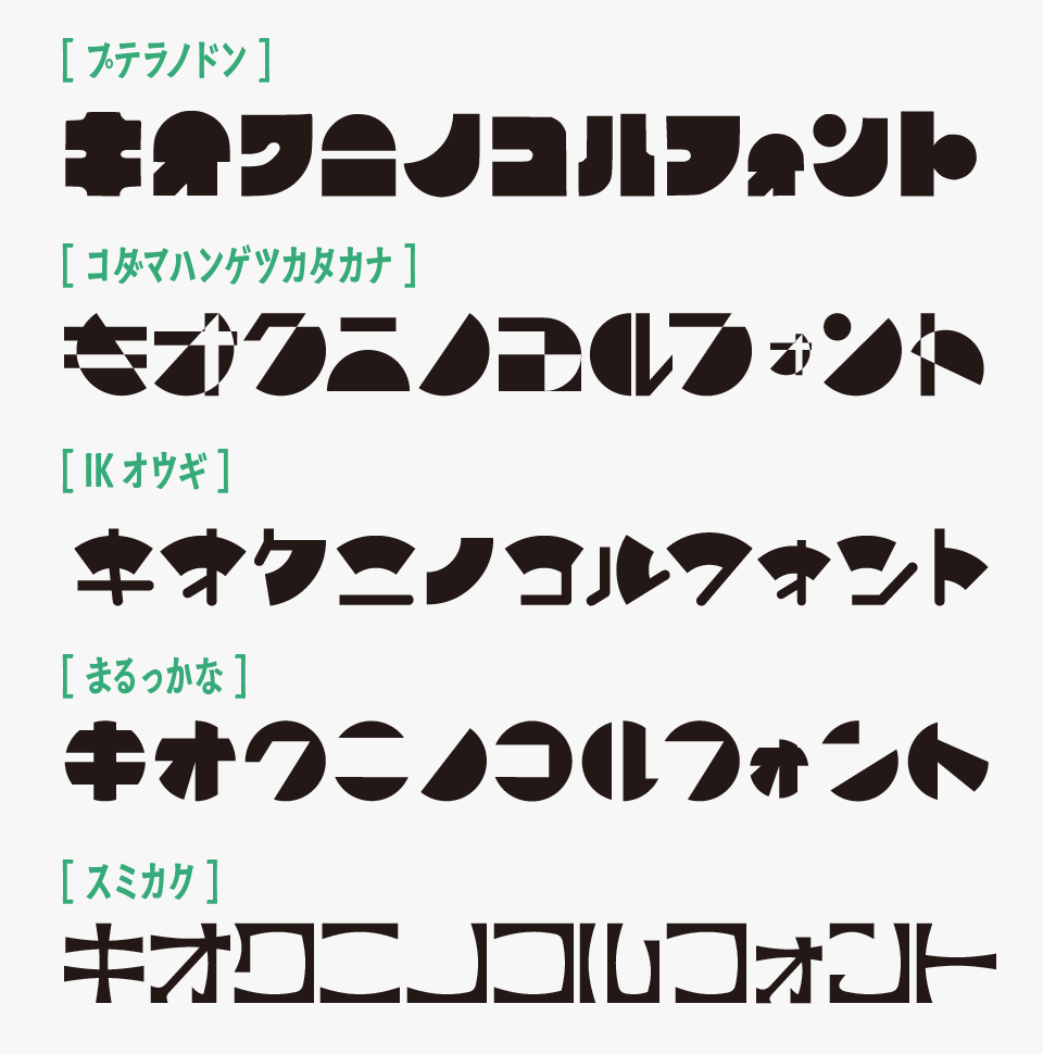 プテラノドンフォントと、「コダマハンゲツカタカナ」「IKオウギ」「まるっかな」「スミカク」を比較