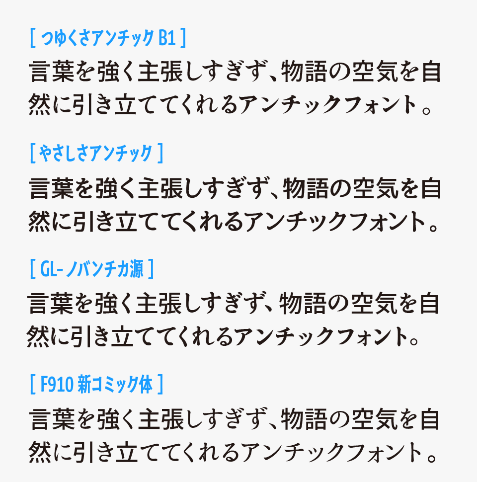 つゆくさアンチックと、「やさしさアンチック」「GL-ノバンチカ源」「新コミック体」フォントを比較
