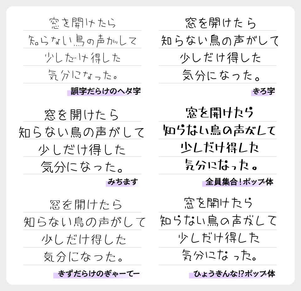 誤字だらけのヘタ字フォントと、「きろ字」「みちます」「全員集合！ポップ体」「きずだらけのぎゃーてー」「ひょうきんな！？ポップ体」を比較