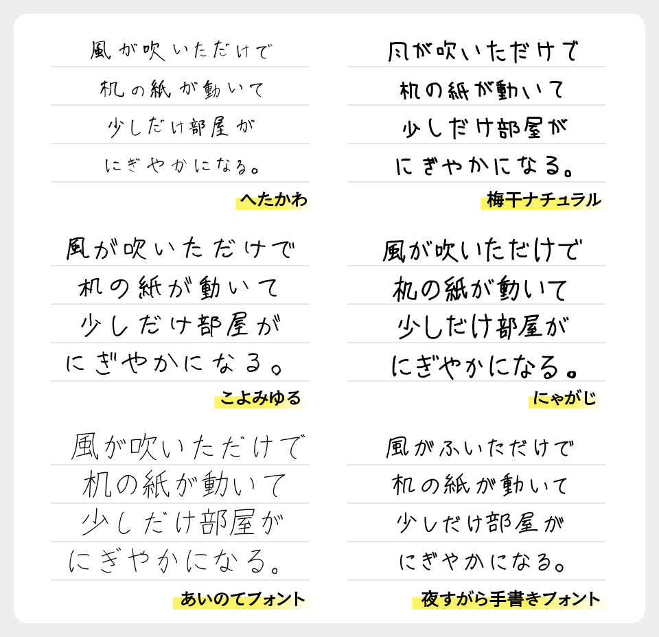 へたかわと「梅干ナチュラル」「こよみゆる」「にゃがじ」「あいのてフォント」「夜すがらフォント」を比較