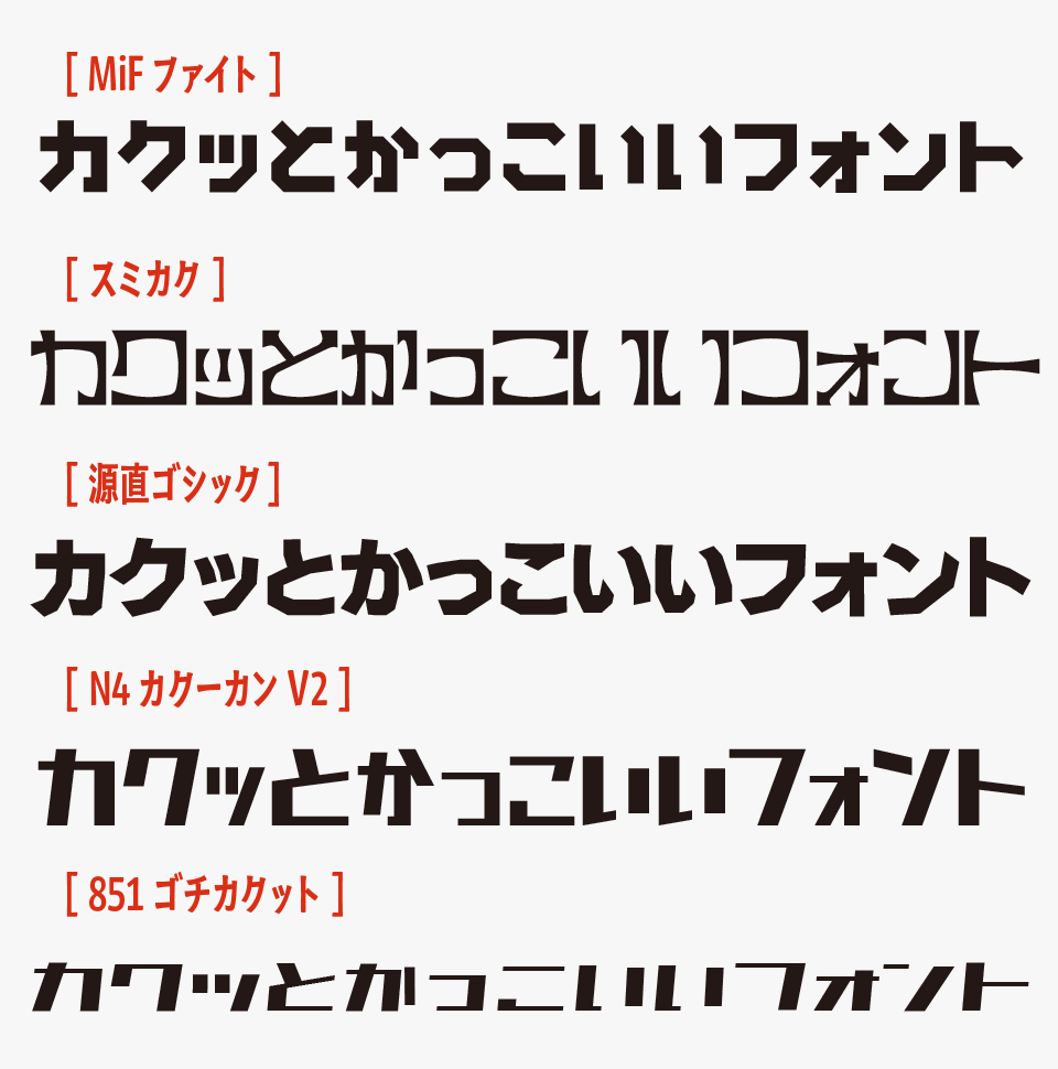 MiFファイトと、「スミカク」「源直ゴシック」「カクーカンV2」「ゴチカクット」フォントを比較
