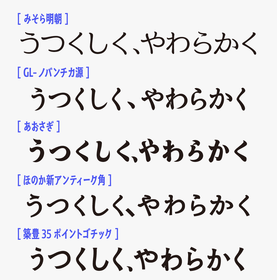 みそら明朝と、、「ノバンチカ源」「あおさぎ」「ほのか新アンティーク角」「築豊35ポイントゴチック」の比較