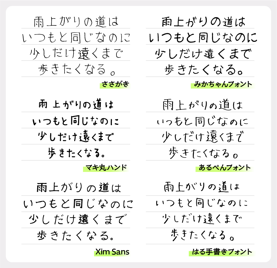 ささがきフォントと「みかちゃんフォント」「マキ丸ハンド」「あるぺんフォント」「Xim Sans」「はる手書きフォント」