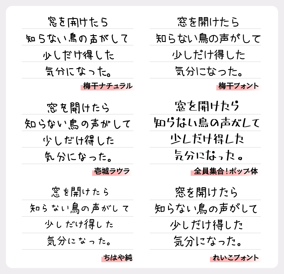 梅干ナチュラルと、「梅干フォント」「壱城ラウラ」「全員集合ポップ体」「ちはや純」「れいこフォント」を比較