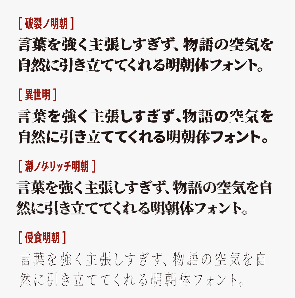 破裂ノ明朝フォントと、「異世明」「瀞ノグリッチ明朝」「侵食明朝」を比較