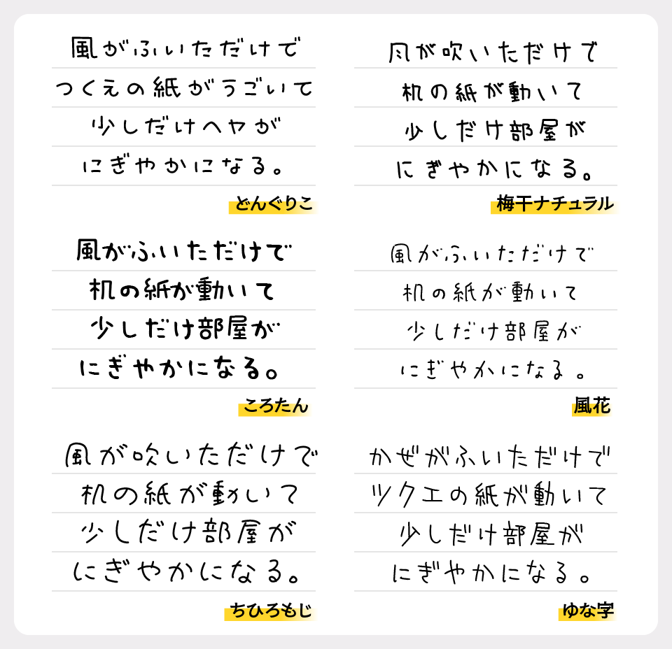 どんぐりこと「梅干ナチュラル」「ころたん」「風花」「ちひろもじ」「ゆな字」を比較